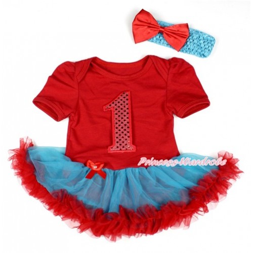 Red Baby Bodysuit Jumpsuit Peacock Blue Red Pettiskirt With 1st Sparkle Red Birthday Number Print With Peacock Blue Headband Red Satin Bow JS1769 