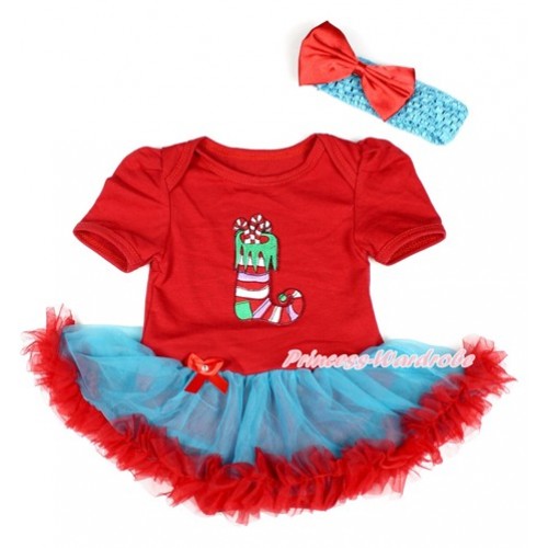 Xmas Red Baby Bodysuit Jumpsuit Peacock Blue Red Pettiskirt With Christmas Stocking Print With Peacock Blue Headband Red Satin Bow JS1770 