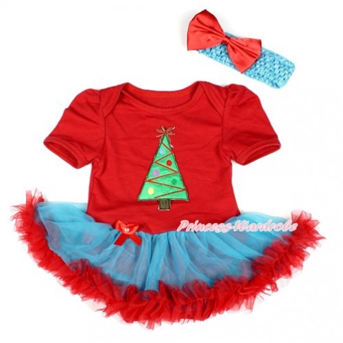 Xmas Red Baby Bodysuit Jumpsuit Peacock Blue Red Pettiskirt With Christmas Tree Print With Peacock Blue Headband Red Satin Bow JS1771 