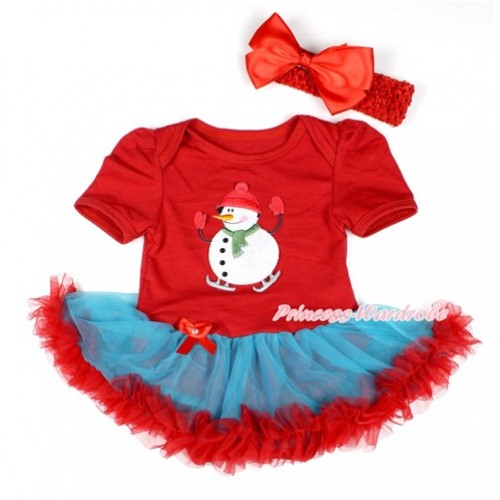 Xmas Red Baby Bodysuit Jumpsuit Peacock Blue Red Pettiskirt With Ice-Skating Snowman Print With Red Headband Red Silk Bow JS1772 