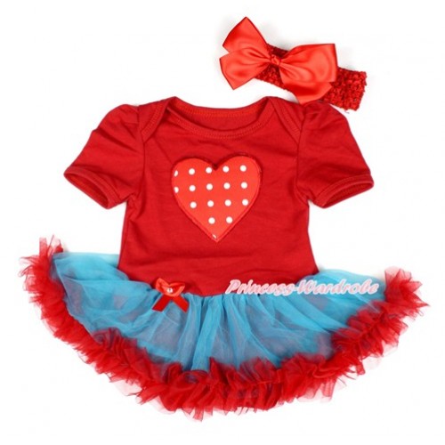 Red Baby Bodysuit Jumpsuit Peacock Blue Red Pettiskirt With Red White Polka Dots Heart Print With Red Headband Red Silk Bow JS1773 