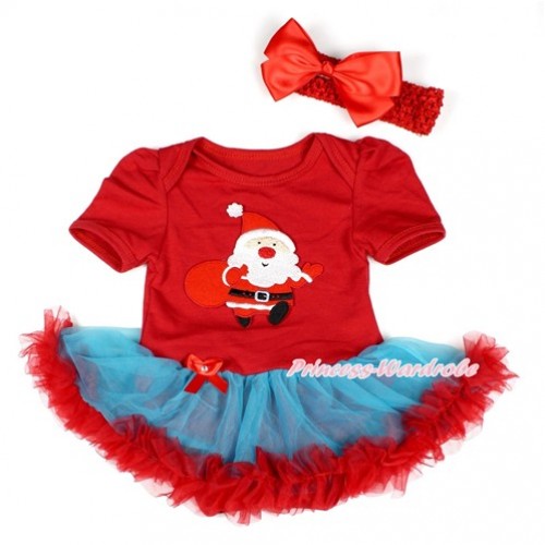 Xmas Red Baby Bodysuit Jumpsuit Peacock Blue Red Pettiskirt With Gift Bag Santa Claus Print With Red Headband Red Silk Bow JS1774 