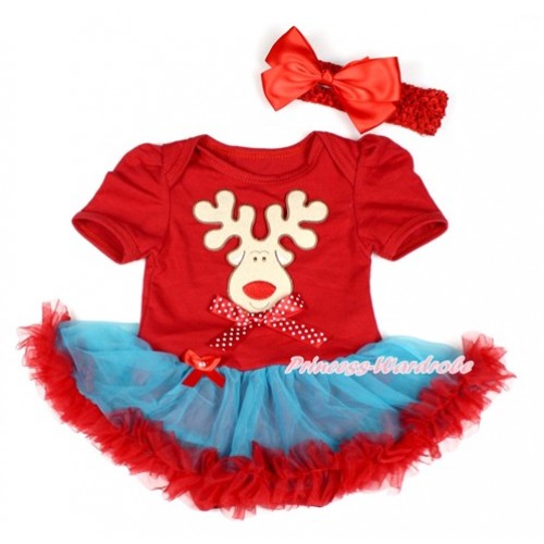 Xmas Red Baby Bodysuit Jumpsuit Peacock Blue Red Pettiskirt With Christmas Reindeer Print & Minnie Dots Bow With Red Headband Red Silk Bow JS1777 