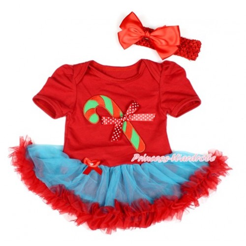 Xmas Red Baby Bodysuit Jumpsuit Peacock Blue Red Pettiskirt With Christmas Stick Print & Minnie Dots Bow With Red Headband Red Silk Bow JS1778 