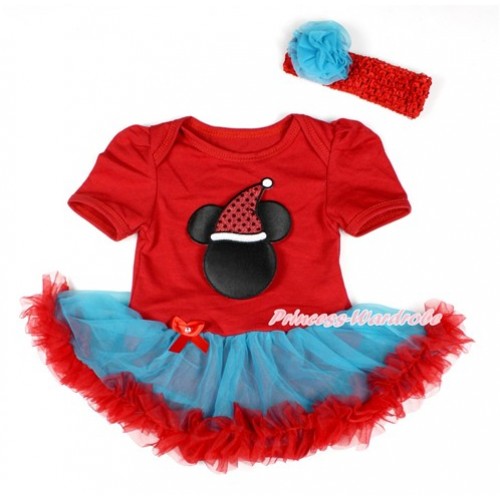 Xmas Red Baby Bodysuit Jumpsuit Peacock Blue Red Pettiskirt With Christmas Minnie Print With Red Headband Peacock Blue Rose JS1780 