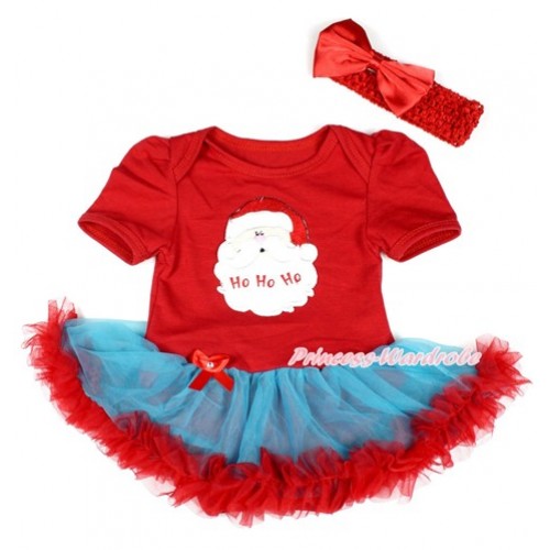 Xmas Red Baby Bodysuit Jumpsuit Peacock Blue Red Pettiskirt With Santa Claus Print With Red Headband Red Satin Bow JS1783 