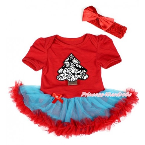 Xmas Red Baby Bodysuit Jumpsuit Peacock Blue Red Pettiskirt With Damask Christmas Tree Print With Red Headband Red Satin Bow JS1784 