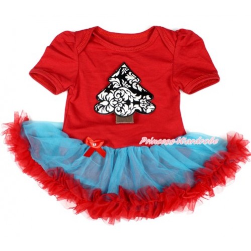 Xmas Hot Red Baby Bodysuit Jumpsuit Peacock Blue Red Pettiskirt with Damask Christmas Tree Print JS1682 