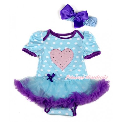 Light Blue White Dots Baby Bodysuit Jumpsuit Light Blue Dark Purple Pettiskirt With Light Pink Heart Print With Light Blue Headband Dark Purple Silk Bow JS1794 