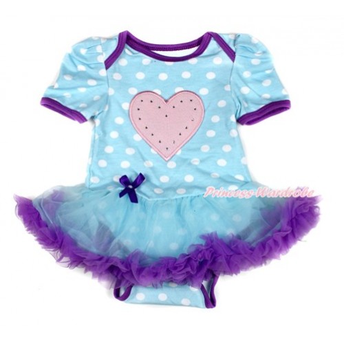 Light Blue White Dots Baby Bodysuit Jumpsuit Light Blue Dark Purple Pettiskirt with Light Pink Heart Print JS1699 