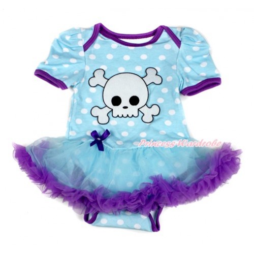 Halloween Light Blue White Dots Baby Bodysuit Jumpsuit Light Blue Dark Purple Pettiskirt with White Skeleton Print JS1703 