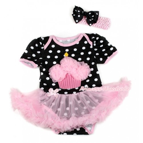 Black White Dots Baby Bodysuit Jumpsuit Light Pink Pettiskirt With Light Pink Rosettes Birthday Cake Print With Light Pink Headband Black White Dots Ribbon Bow JS1813 