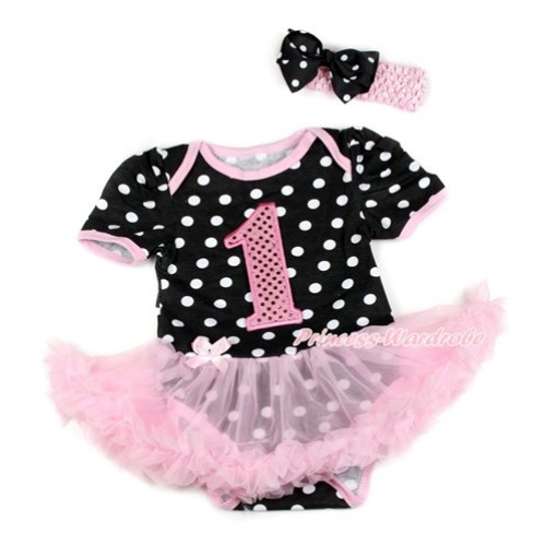 Black White Dots Baby Bodysuit Jumpsuit Light Pink Pettiskirt With 1st Sparkle Light Pink Birthday Age Print With Light Pink Headband Black White Dots Ribbon Bow JS1815 