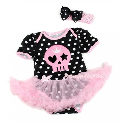 Halloween Black White Dots Baby Bodysuit Jumpsuit Light Pink Pettiskirt With Light Pink Skeleton Print With Light Pink Headband Black White Dots Ribbon Bow JS1817 