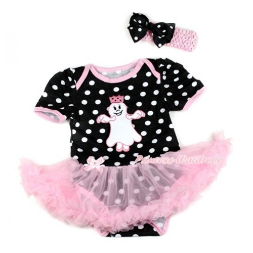 Halloween Black White Dots Baby Bodysuit Jumpsuit Light Pink Pettiskirt With Princess Ghost Print With Light Pink Headband Black White Dots Ribbon Bow JS1820 