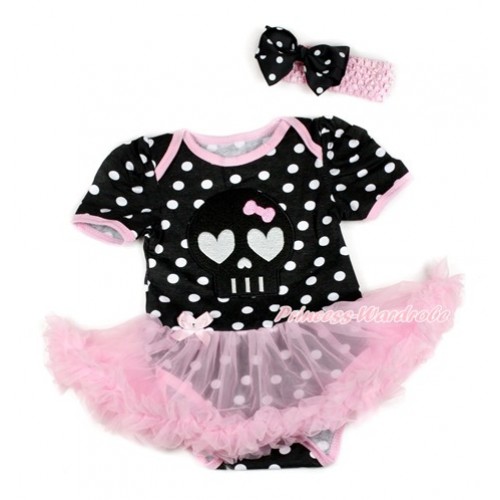 Halloween Black White Dots Baby Bodysuit Jumpsuit Light Pink Pettiskirt With Black Skeleton Print With Light Pink Headband Black White Dots Ribbon Bow JS1822 