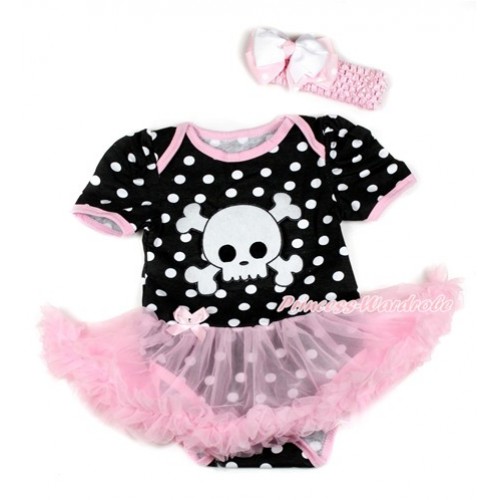 Halloween Black White Dots Baby Bodysuit Jumpsuit Light Pink Pettiskirt With White Skeleton Print With Light Pink Headband White & Light Pink White Dots Ribbon Bow JS1823 
