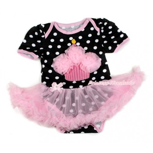 Black White Dots Baby Bodysuit Jumpsuit Light Pink Pettiskirt with Light Pink Rosettes Birthday Cake Print JS1722 