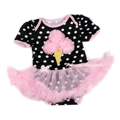 Black White Dots Baby Bodysuit Jumpsuit Light Pink Pettiskirt with Light Pink Rosettes Ice Cream Print JS1721 