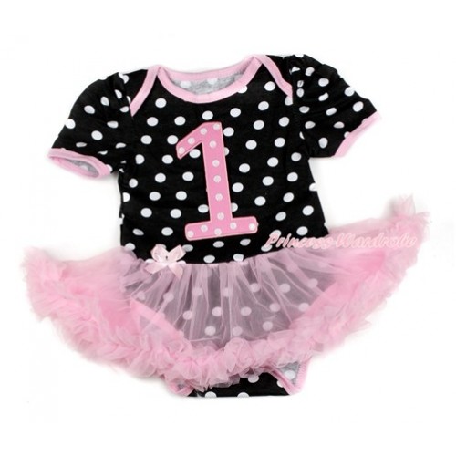 Black White Dots Baby Bodysuit Jumpsuit Light Pink Pettiskirt with 1st Light Pink White Dots Birthday Number Print JS1723 