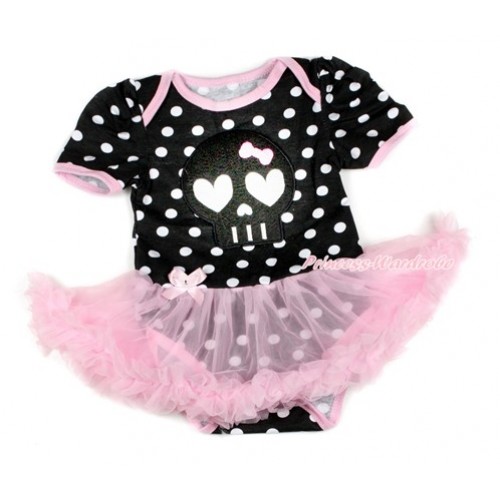 Halloween Black White Dots Baby Bodysuit Jumpsuit Light Pink Pettiskirt with Black Skeleton Print JS1724 