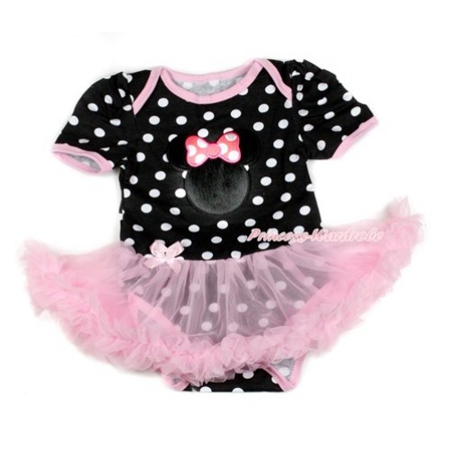 Black White Dots Baby Bodysuit Jumpsuit Light Pink Pettiskirt with Hot Pink Minnie Print JS1727 