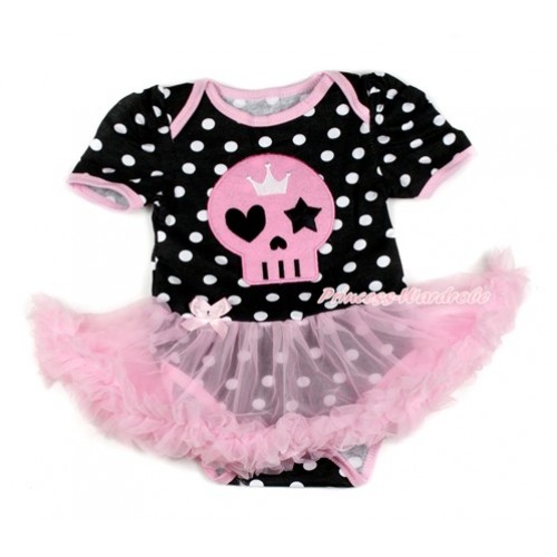 Halloween Black White Dots Baby Bodysuit Jumpsuit Light Pink Pettiskirt with Light Pink Skeleton Print JS1728 
