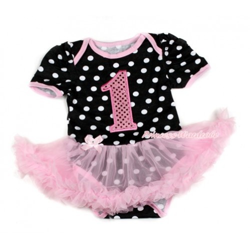 Black White Dots Baby Bodysuit Jumpsuit Light Pink Pettiskirt with 1st Sparkle Light Pink Birthday Number Print JS1730 