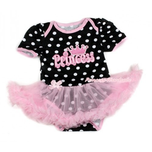 Black White Dots Baby Bodysuit Jumpsuit Light Pink Pettiskirt with Princess Print JS1731 