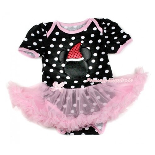Xmas Black White Dots Baby Bodysuit Jumpsuit Light Pink Pettiskirt with Christmas Minnie Print JS1735 