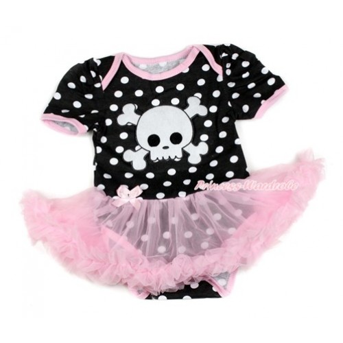 Halloween Black White Dots Baby Bodysuit Jumpsuit Light Pink Pettiskirt with White Skeleton Print JS1736 