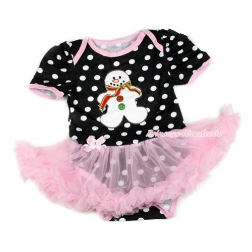 Xmas Black White Dots Baby Bodysuit Jumpsuit Light Pink Pettiskirt with Christmas Gingerbread Snowman Print JS1737 