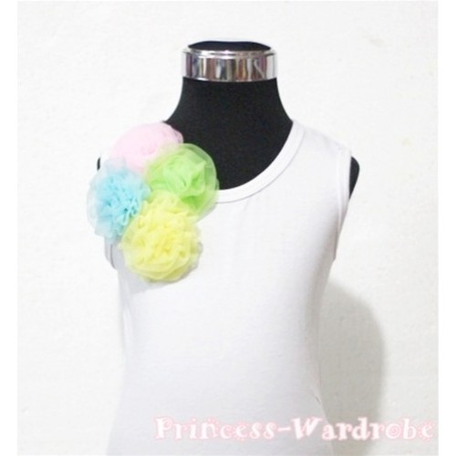 White Top with a Bunch of Light Pink Light Blue Lime Green Yellow Rosettes TB102 