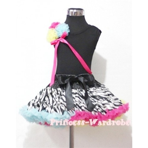 Rainbow Zebra Pettiskirt with a Bunch of Hot Pink Yellow Light Blue Rosettes Black Tank Top with Hot Pink Bow MW61 