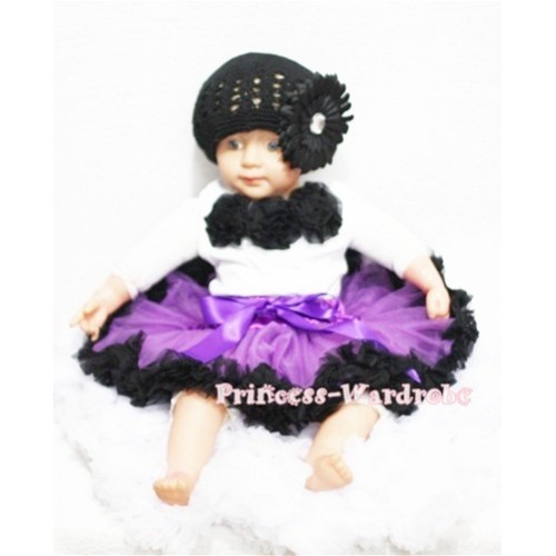 White Baby Pettitop & Black Rosettes with Dark Purple Black Baby Pettiskirt NG174 