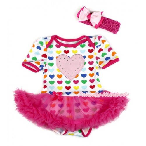 Rainbow Heart Baby Bodysuit Jumpsuit Hot Pink Pettiskirt With Light Pink Heart Print With Hot Pink Headband Light Hot Pink Ribbon Bow JS1798 