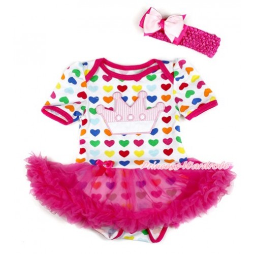 Rainbow Heart Baby Bodysuit Jumpsuit Hot Pink Pettiskirt With Crown Print With Hot Pink Headband Light Hot Pink Ribbon Bow JS1800 