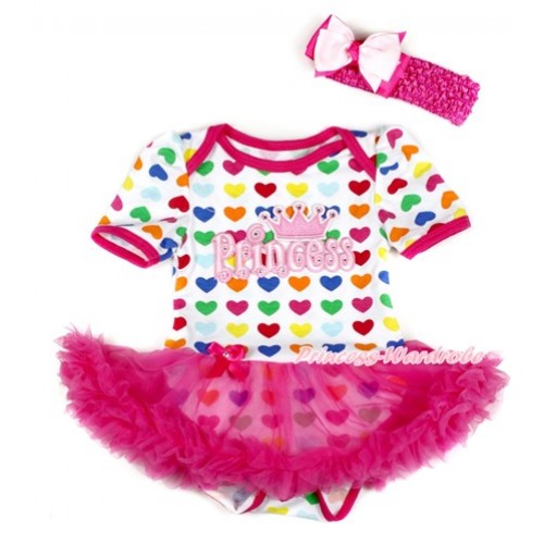 Rainbow Heart Baby Bodysuit Jumpsuit Hot Pink Pettiskirt With Princess Print With Hot Pink Headband Light Hot Pink Ribbon Bow JS1801 