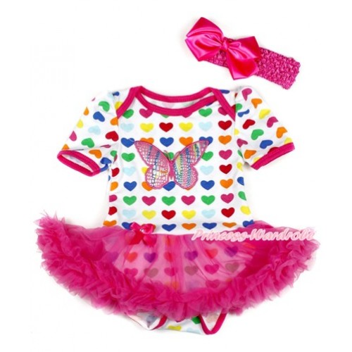 Rainbow Heart Baby Bodysuit Jumpsuit Hot Pink Pettiskirt With Rainbow Butterfly Print With Hot Pink Headband Hot Pink Silk Bow JS1802 