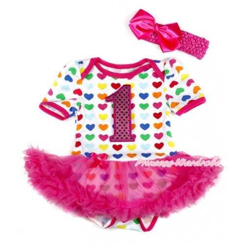 Rainbow Heart Baby Bodysuit Jumpsuit Hot Pink Pettiskirt With 1st Sparkle Hot Pink Birthday Number Print With Hot Pink Headband Hot Pink Silk Bow JS1803 