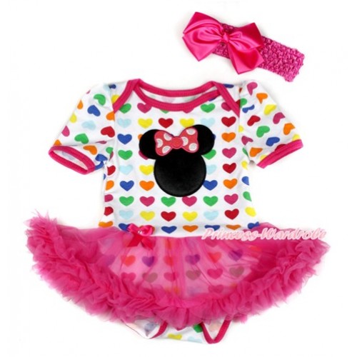 Rainbow Heart Baby Bodysuit Jumpsuit Hot Pink Pettiskirt With Hot Pink Minnie Print With Hot Pink Headband Hot Pink Silk Bow JS1804 