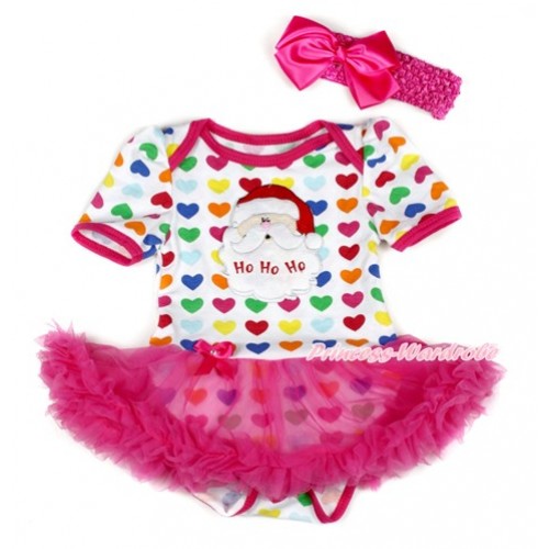 Xmas Rainbow Heart Baby Bodysuit Jumpsuit Hot Pink Pettiskirt With Santa Claus Print With Hot Pink Headband Hot Pink Silk Bow JS1805 