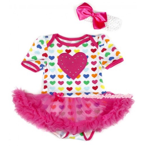 Rainbow Heart Baby Bodysuit Jumpsuit Hot Pink Pettiskirt With Hot Pink Heart Print With White Headband Hot Pink Silk Bow JS1810 
