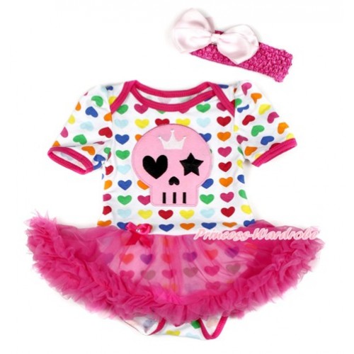 Halloween Rainbow Heart Baby Bodysuit Jumpsuit Hot Pink Pettiskirt With Light Pink Skeleton Print With Hot Pink Headband Light Pink Silk Bow JS1811 