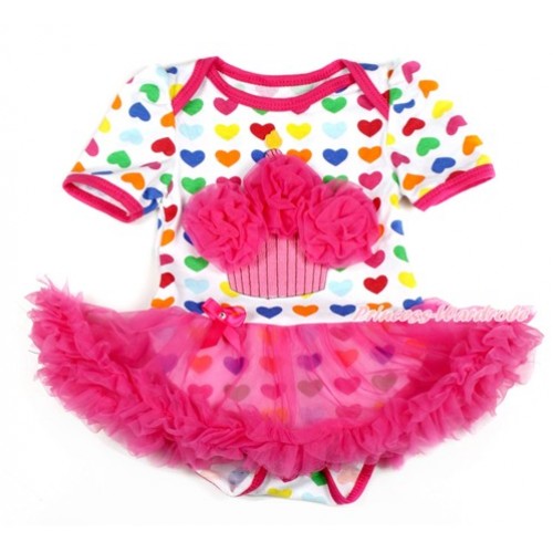 Rainbow Heart Baby Bodysuit Jumpsuit Hot Pink Pettiskirt with Hot Pink Rosettes Birthday Cake Print JS1708 