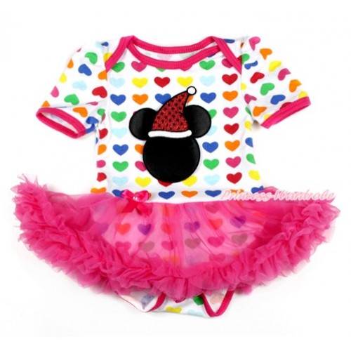 Xmas Rainbow Heart Baby Bodysuit Jumpsuit Hot Pink Pettiskirt with Christmas Minnie Print JS1709 