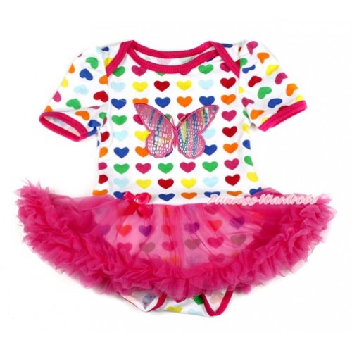 Rainbow Heart Baby Bodysuit Jumpsuit Hot Pink Pettiskirt with Rainbow Butterfly Print JS1716 