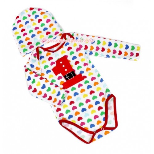 Xmas Rainbow Heart Long Sleeve Baby Jumpsuit with 1st Santa Claus Birthday Number Print with Cap Set LS222 