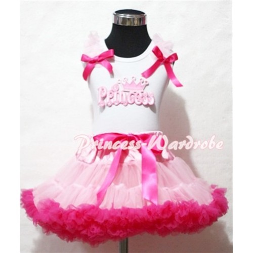 White Tank Top with Light Pink Ruffles& Hot Pink Bow &Princess Print with Light Hot Pink Pettiskirt MP10 