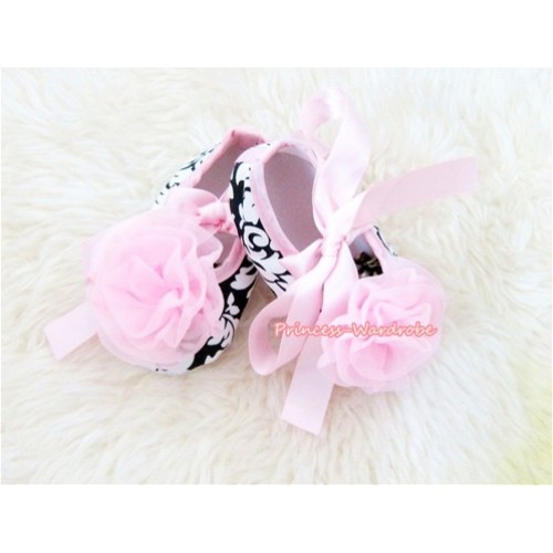 Light Pink Damask Shoes with Ribbon with Light Pink Rosettes S419 